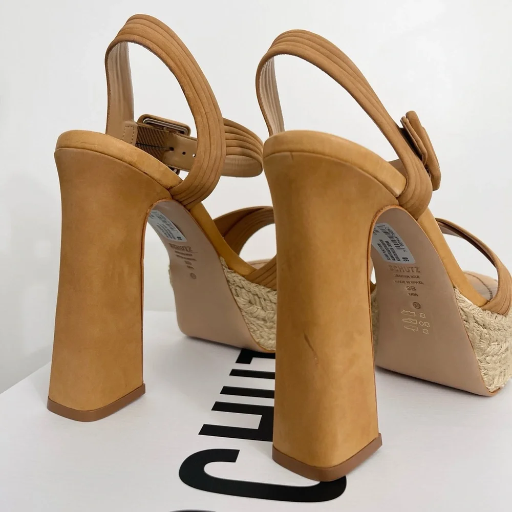 NWT Schutz Blisse Nobuck Leather Platform Sandals Heels Nude Caramel Size 9 B